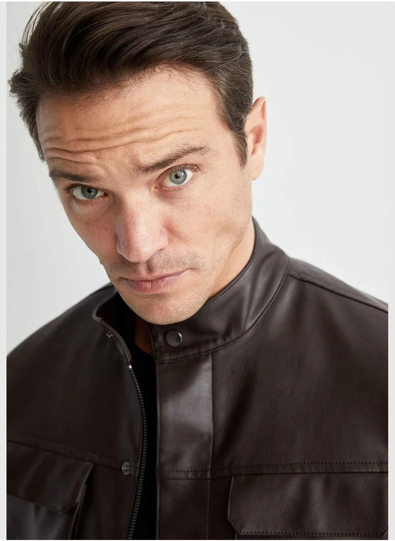 ديفاكتو Man Stand Up Collar PU Jacket
