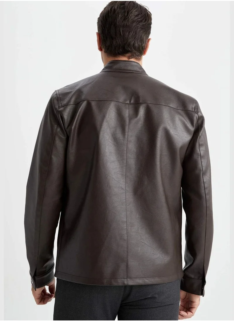 ديفاكتو Man Stand Up Collar PU Jacket