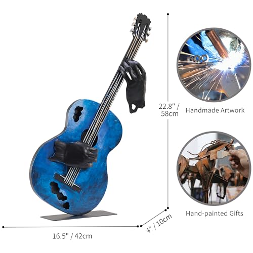 SunBlogs Art Metal Music Decor, 23” H Handmade Guitar Sculpture Home Decor, Hand-Painted Western Statue Decorations for Living Room, for Music Lovers Musician & Teachers (Vintage Blue) - Image 2