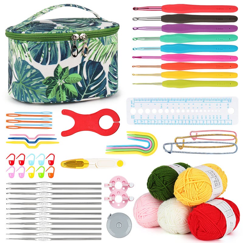 Aeelike Crochet Kits for Beginners with Yarn Learn to Crochet Set Included Crochet Hooks Supplies DIY ToolsCrocheting Kit for Adults Kids with Portable Green Leaves Bag