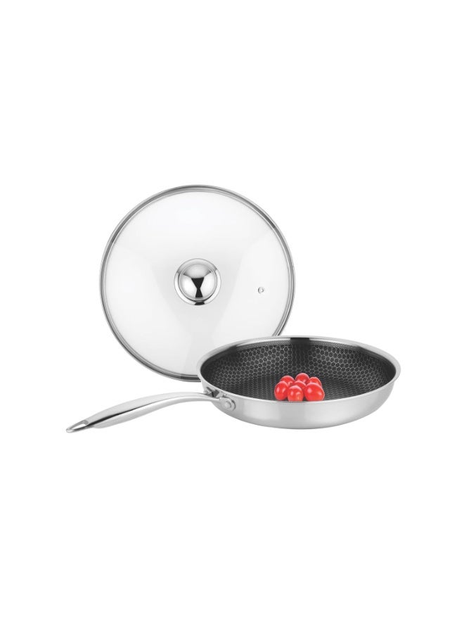 Prabha Tri-Ply Fry Pan with Glass Lid 0.9 Litre | Stainless Steel Fry Pan 20cm | Induction & Gas Stove | Cooking Omlette Cookware Non Stick Coating Deep Frypan with Long Handle - Image 1