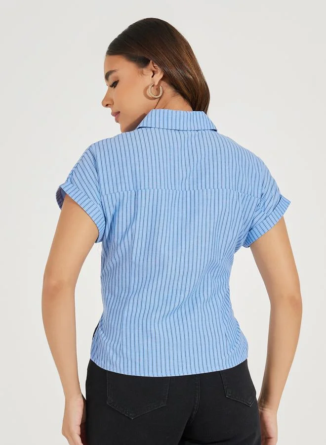Styli Striped Wrap Tie Front Collared Top