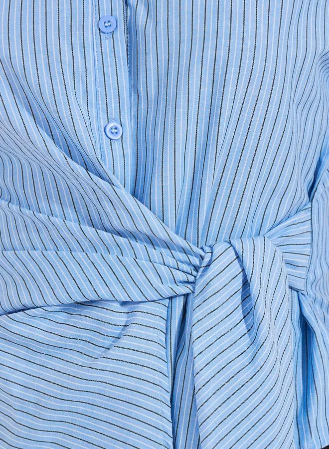 Styli Striped Wrap Tie Front Collared Top