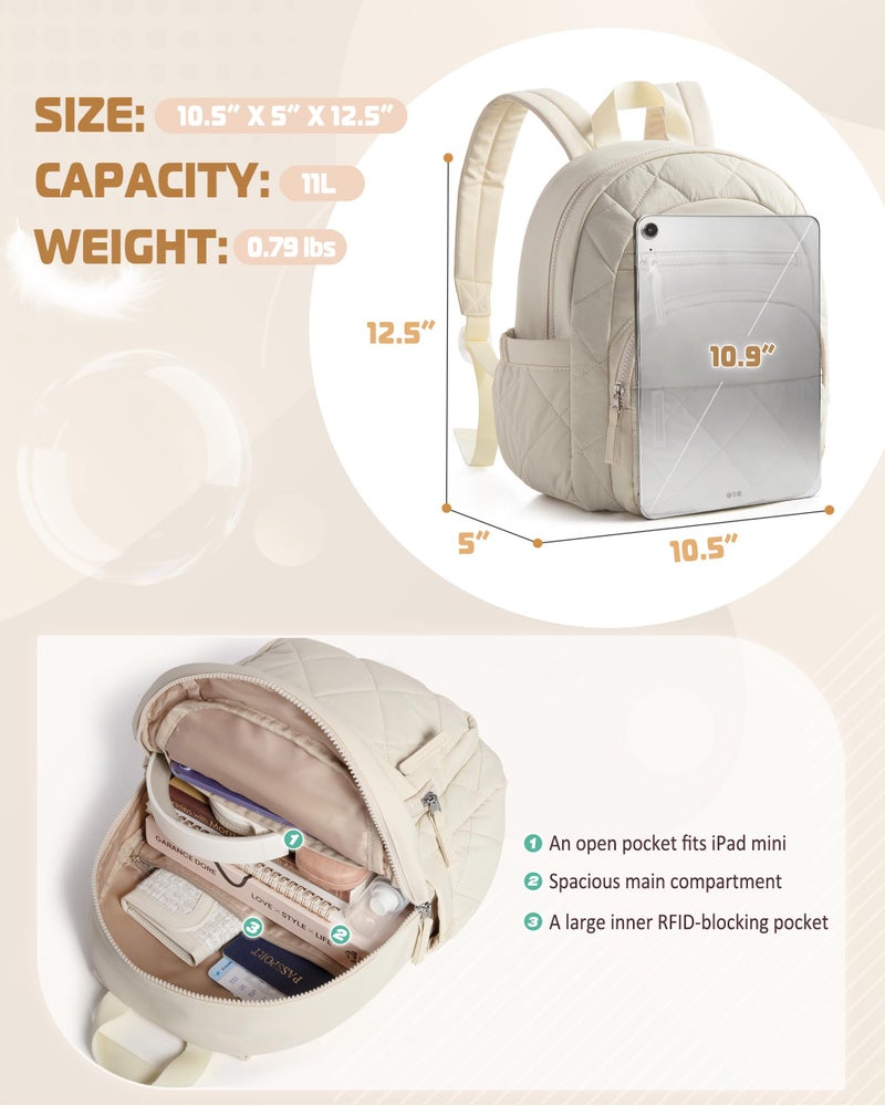 Smasrob Women Mini Backpack with RFID Blocking Pocket, Small Puffer Backpack Purse, Lightweight Quilted Backpack for Work, College or Travel, Beige - Image 3