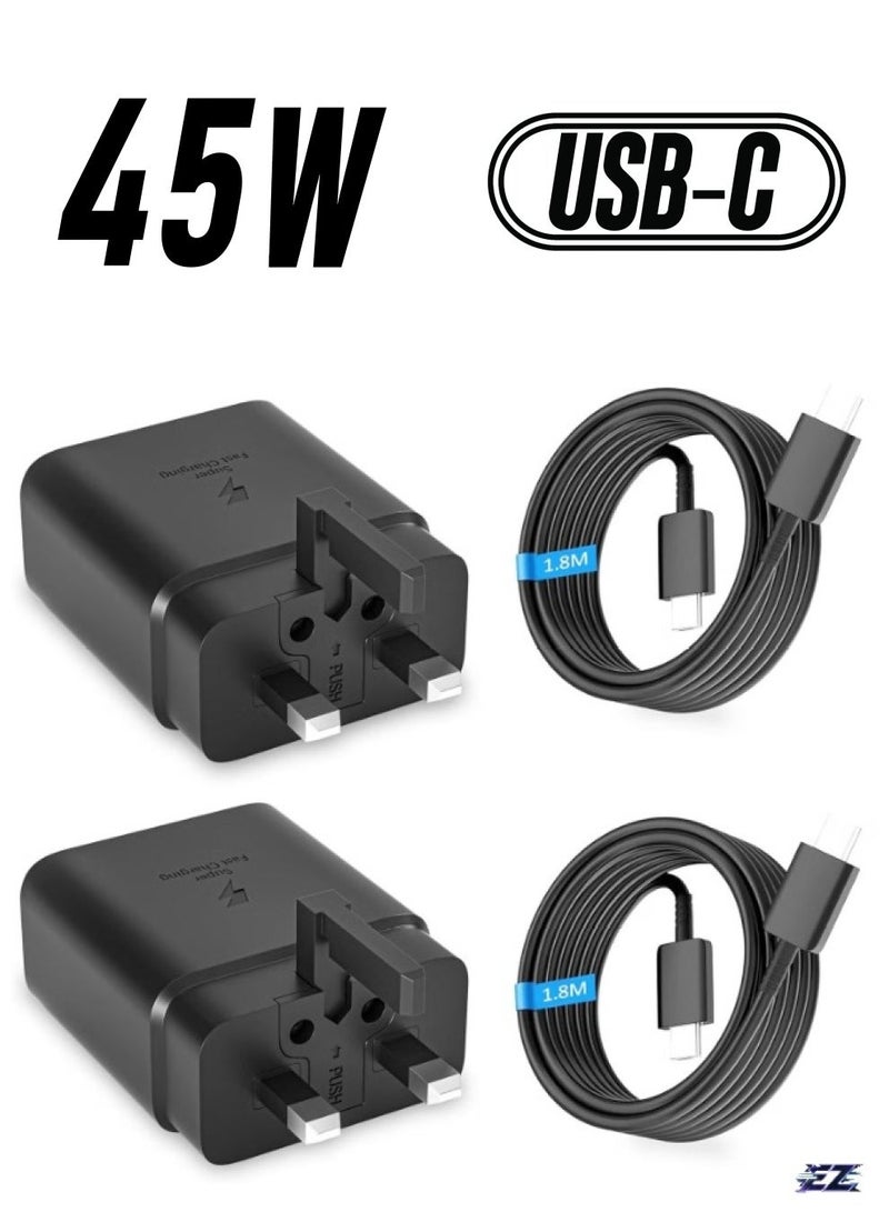 MUNTAQI شاحن سريع فائق 45 واط USB C - حزمة 2 لSamsung - محول طاقة لجالاكسي S23 ألترا، S23+، S23، S22 ألترا، S21+، A53، A54، Z Fold 4، Z Flip 4، جالاكسي تاب S8/S7 - قابس TYPE C مع كابل بطول 1.8 م - Image 1