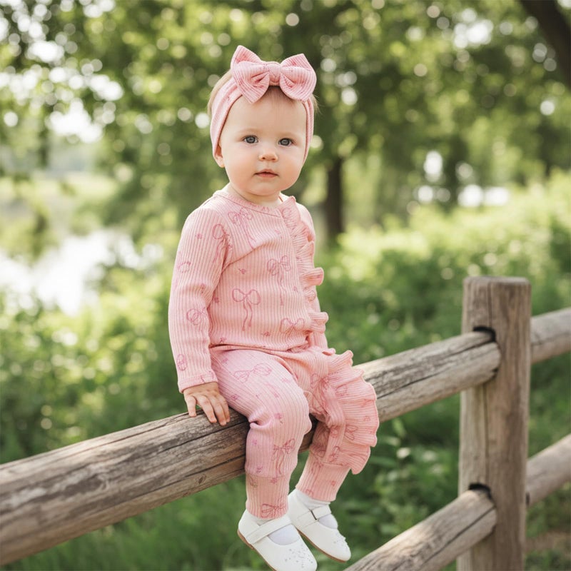 allshope Newborn Baby Girl Fall Outfit Bow Print Long Sleeve Full Length Zipper Front Ribbed Jumpsuit Infant Clothes (Color Pink, 0-3 Months) - Image 5