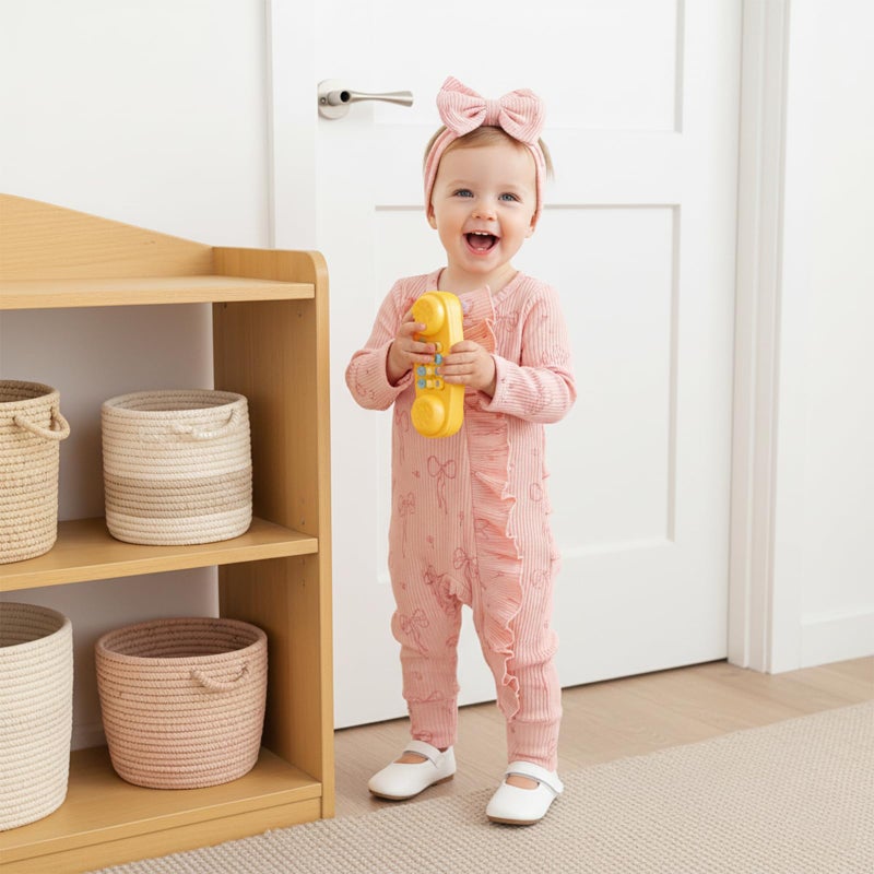 allshope Newborn Baby Girl Fall Outfit Bow Print Long Sleeve Full Length Zipper Front Ribbed Jumpsuit Infant Clothes (Color Pink, 0-3 Months) - Image 2