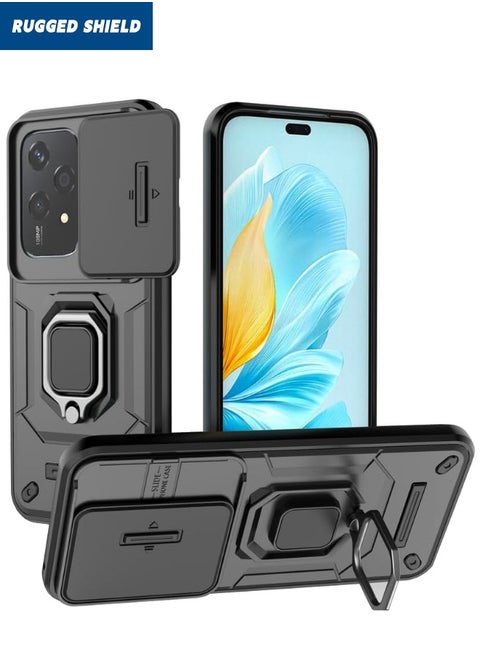 Honor 200 Lite 5G Case with Slide Camera Cover, Heavy Duty Anti Drop Shockproof Phone Case Cover with Kickstand for Honor 200 LITE 5G 6.7 inch, Black