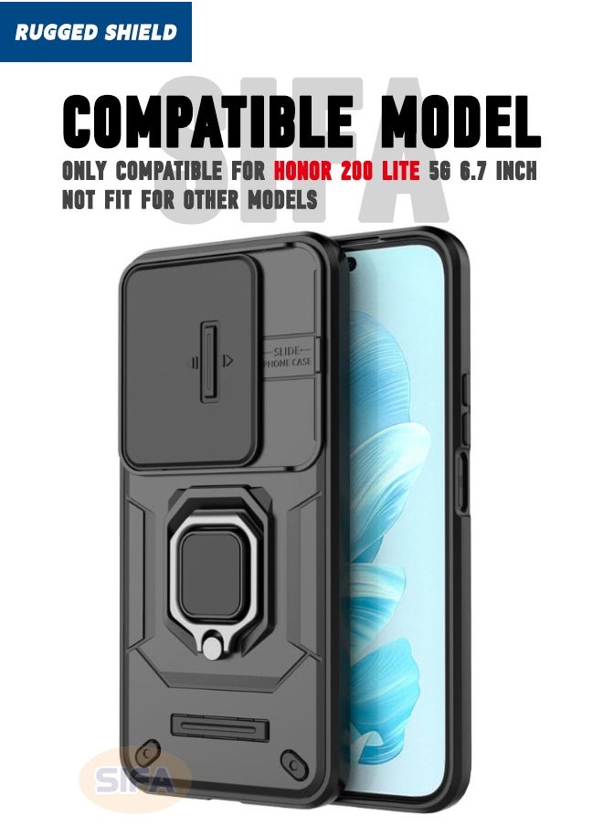 Honor 200 Lite 5G Case with Slide Camera Cover, Heavy Duty Anti Drop Shockproof Phone Case Cover with Kickstand for Honor 200 LITE 5G 6.7 inch, Black