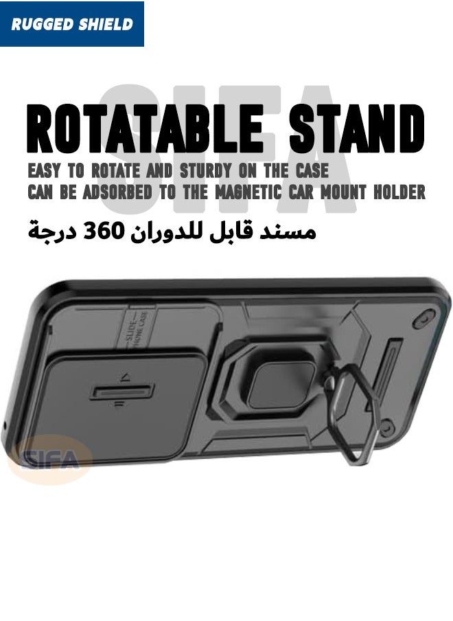 Honor 200 Lite 5G Case with Slide Camera Cover, Heavy Duty Anti Drop Shockproof Phone Case Cover with Kickstand for Honor 200 LITE 5G 6.7 inch, Black