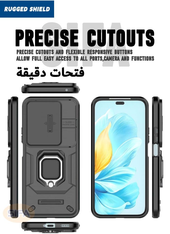 Honor 200 Lite 5G Case with Slide Camera Cover, Heavy Duty Anti Drop Shockproof Phone Case Cover with Kickstand for Honor 200 LITE 5G 6.7 inch, Black