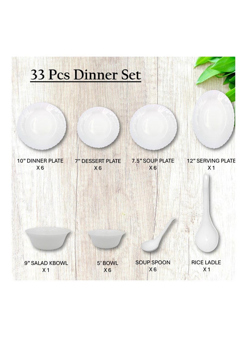 Melrich طقم عشاء ميلريتش 33 قطعة من الأوبال 6 أطباق عشاء 6 أطباق حلوى 6 أطباق شوربة 6 سلطانيات 6 ملاعق شوربة 1 وعاء تقديم 1 مغرفة 1 طبق تقديم آمن في غسالة الصحون والميكروويف - Image 2