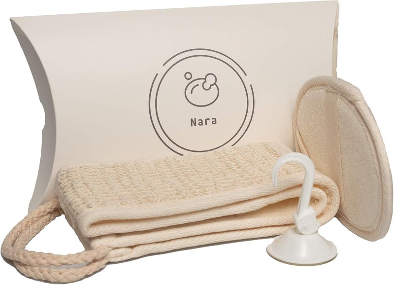 Nara Loofah lufa Sponge Set one face Sponge one Back and Body Scrubber and a Suction Clip Sponges to exfoliate Your Body and face - Image 1