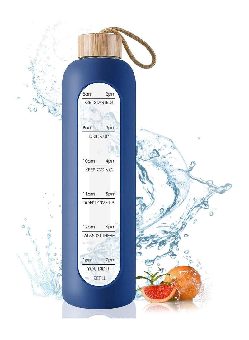 NANAO زجاجة ماء سعة 1 لتر مع غطاء من الخيزران، 1000 مل، قابلة لإعادة الاستخدام، غلاف سيليكون مقاوم للكسر، علامة زمنية - Image 1