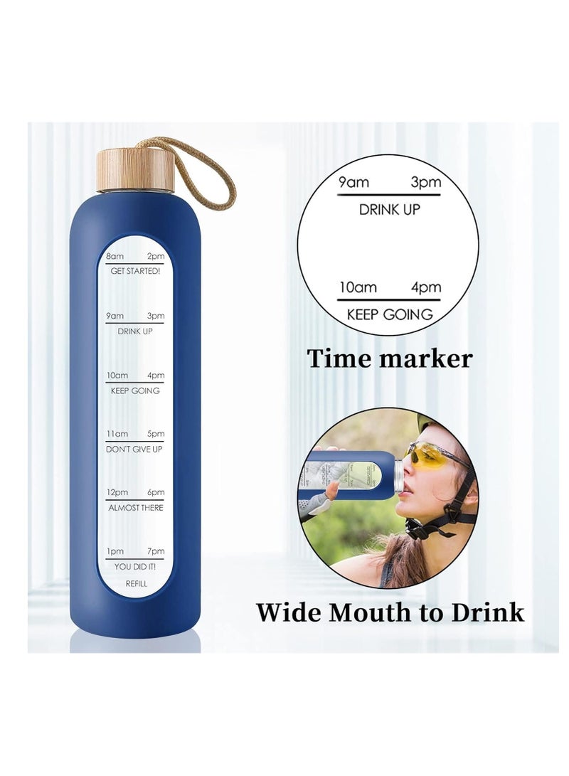 NANAO زجاجة ماء سعة 1 لتر مع غطاء من الخيزران، 1000 مل، قابلة لإعادة الاستخدام، غلاف سيليكون مقاوم للكسر، علامة زمنية - Image 2