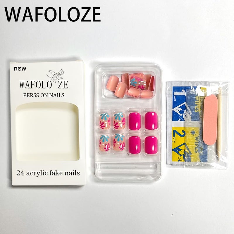 WAFOLOZE Press On Nails Short, Acrylic Nail Press ons, Short Square Press on Nails Fake Nails Glossy Red False Nails with Blue Pink Flowers Press ons Design Artificial Stick on Nails for Women 24Pcs - Image 3