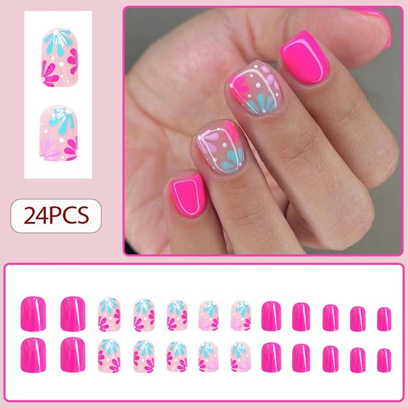 WAFOLOZE Press On Nails Short, Acrylic Nail Press ons, Short Square Press on Nails Fake Nails Glossy Red False Nails with Blue Pink Flowers Press ons Design Artificial Stick on Nails for Women 24Pcs - Image 2
