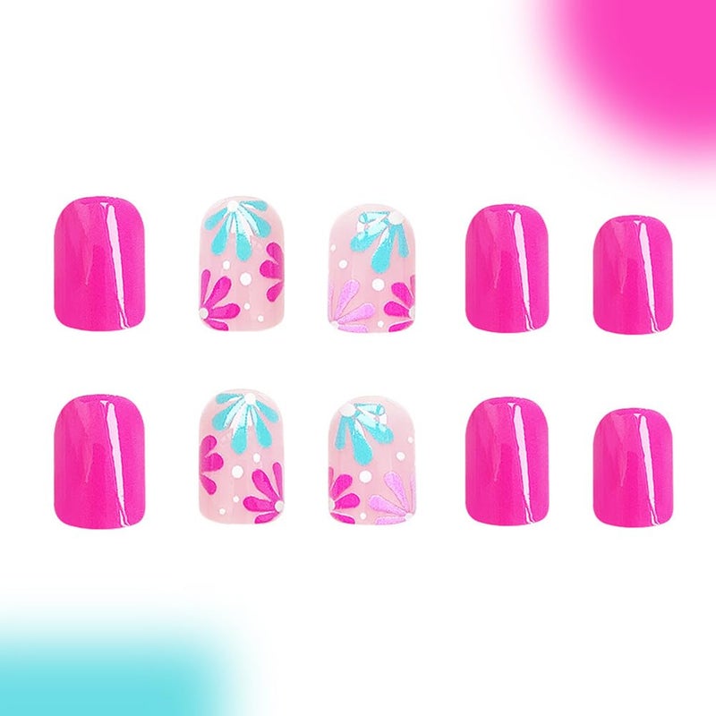 WAFOLOZE Press On Nails Short, Acrylic Nail Press ons, Short Square Press on Nails Fake Nails Glossy Red False Nails with Blue Pink Flowers Press ons Design Artificial Stick on Nails for Women 24Pcs - Image 4