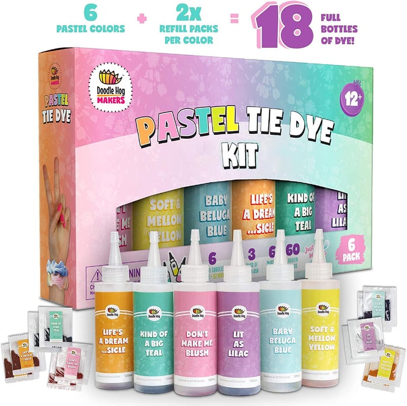 DOODLE HOG Pastel Tie Dye Kit for Large Groups, DIY Tie Dye Kit for Kids, Clothing Dye Supplies, Tie Dye Kits for Adults, 6 Full Bottles, 12 Refills Packets - Image 1