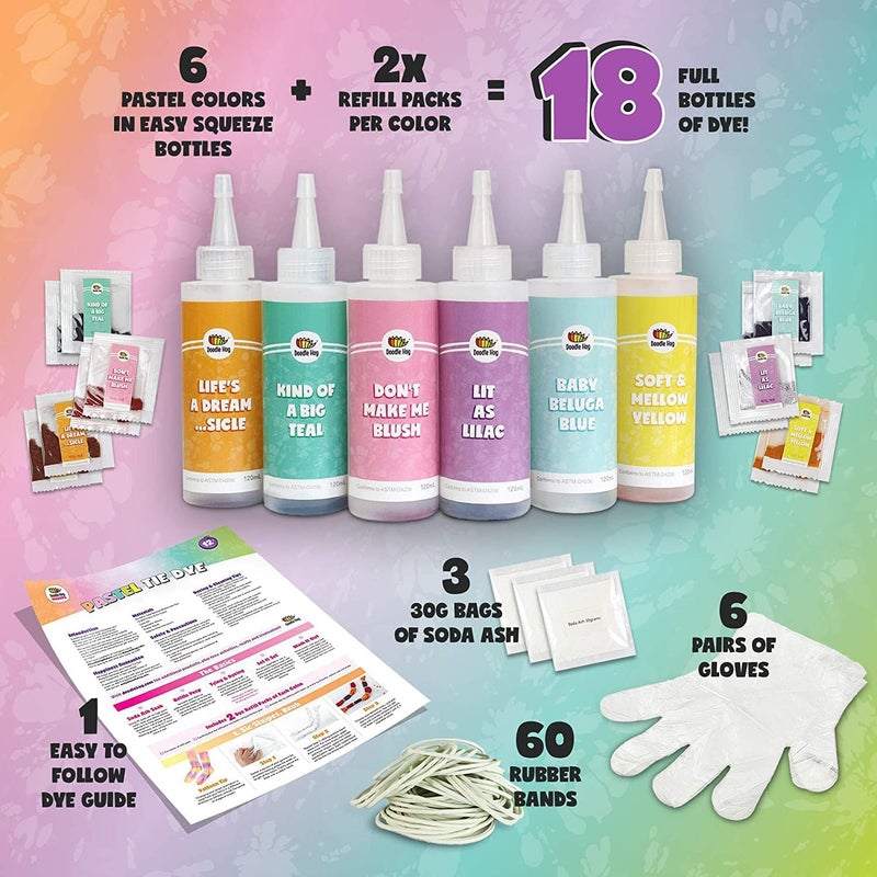 DOODLE HOG Pastel Tie Dye Kit for Large Groups, DIY Tie Dye Kit for Kids, Clothing Dye Supplies, Tie Dye Kits for Adults, 6 Full Bottles, 12 Refills Packets - Image 2