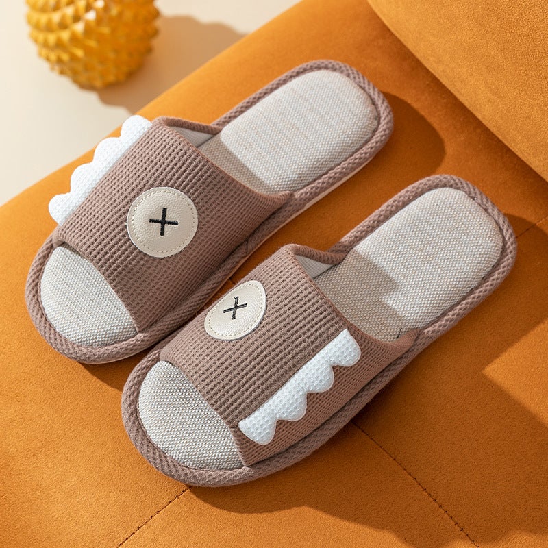 Household Home Non-Slip Soft Bottom Four Seasons Linen Slippers Mens Home Indoor Cotton and Linen Cloth Slippers Womens Summer Outer Wear Brown (dinosaur)