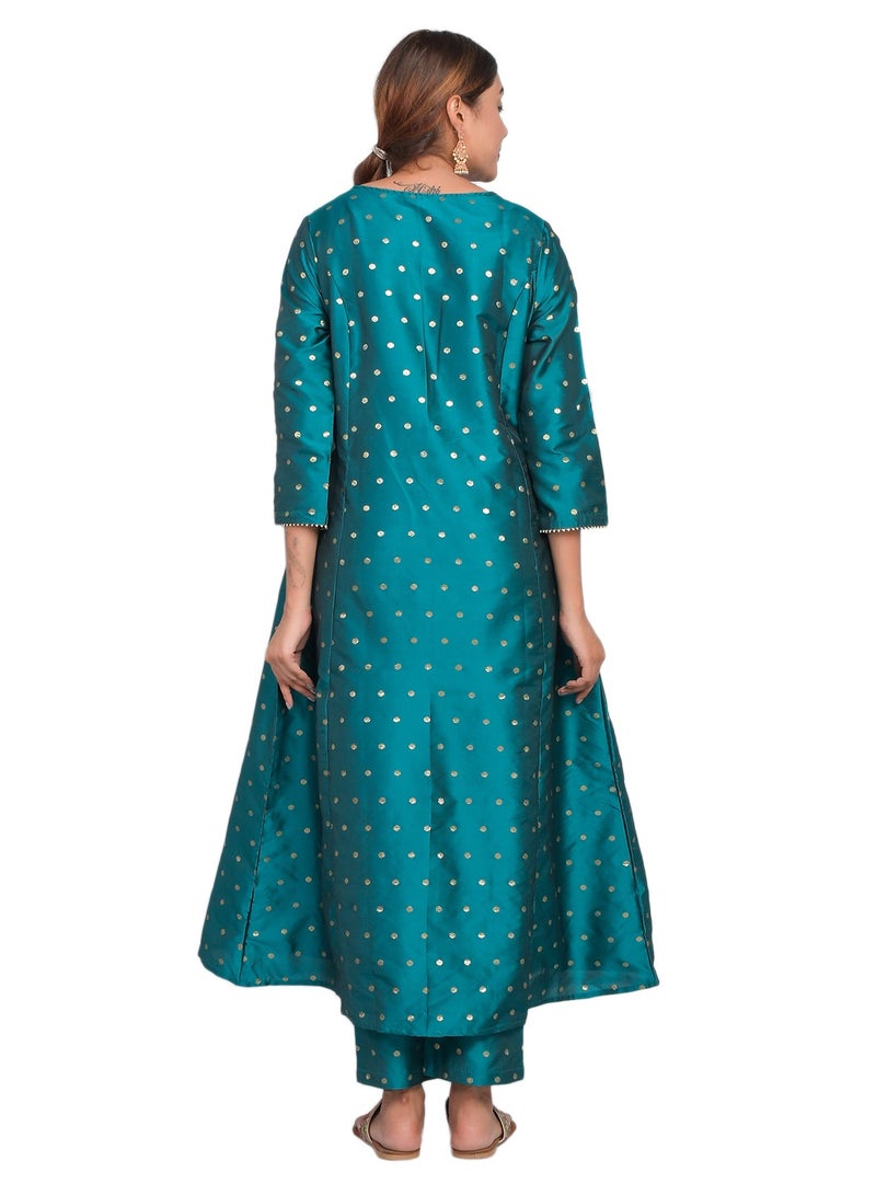 Riara Women Dark Cyan Blue Kurta Pant Set Summer Suit Solid Colour Flared Kurti with Pant Casual Kurta Set for Girls Art Silk (Taffeta Booty) Size XXL  - Image 4