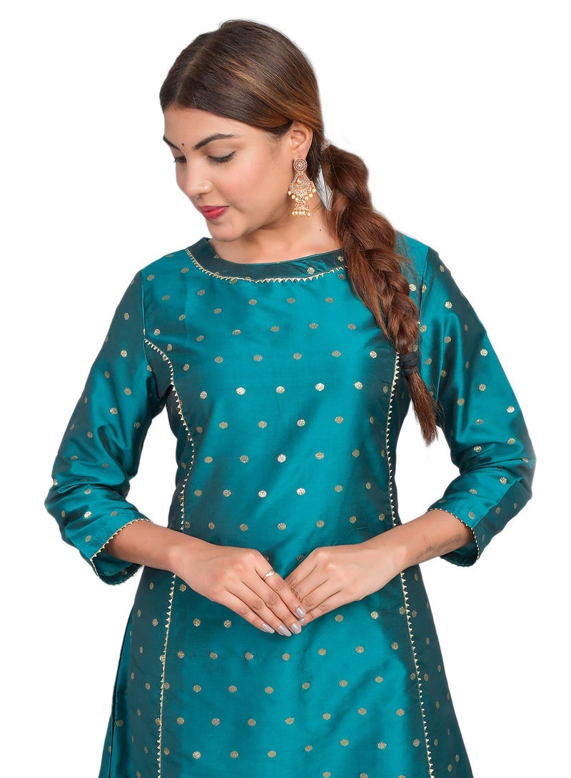 Riara Women Dark Cyan Blue Kurta Pant Set Summer Suit Solid Colour Flared Kurti with Pant Casual Kurta Set for Girls Art Silk (Taffeta Booty) Size XXL  - Image 3