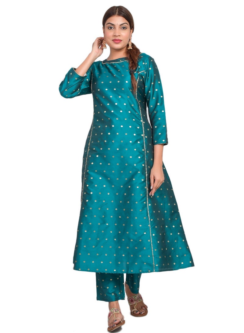 Riara Women Dark Cyan Blue Kurta Pant Set Summer Suit Solid Colour Flared Kurti with Pant Casual Kurta Set for Girls Art Silk (Taffeta Booty) Size XXL  - Image 2