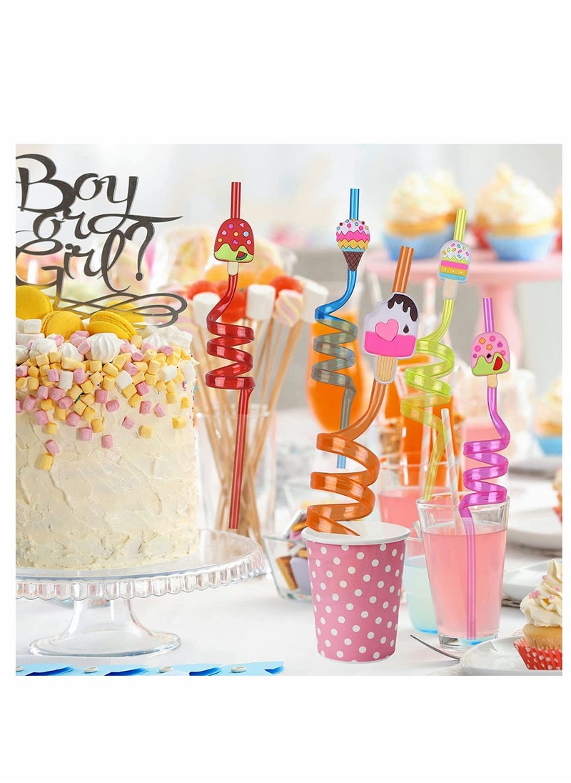 KASTWAVE Reusable Straws Plastic 8Pcs Reusable Ice Cream Straws Drinking Straws for Birthday Party Decorations Ice Cream Theme Party lovely Curved Straw for Hawaiian Summer Beach Party Supplies (Ice Cream)  - Image 2
