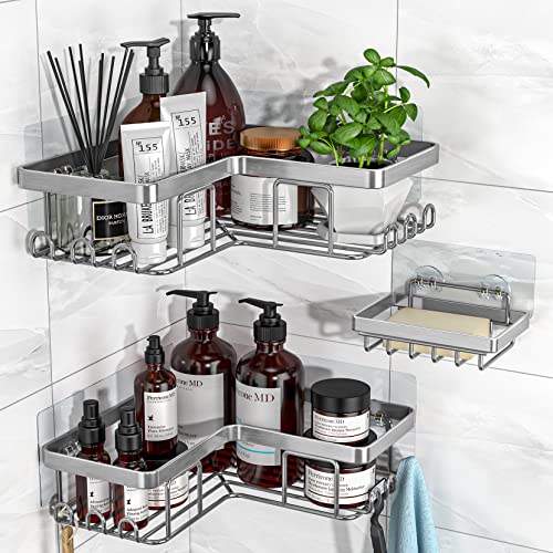 YASONIC Corner Shower Caddy, 3-Pack Adhesive Bathroom Caddy with Soap Holder and 12 Hooks, Rustproof Stainless Steel Shower Organizer, No Drilling Wall Mounted Shower Rack, Brushed Silver - Image 1