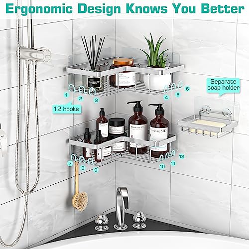 YASONIC Corner Shower Caddy, 3-Pack Adhesive Bathroom Caddy with Soap Holder and 12 Hooks, Rustproof Stainless Steel Shower Organizer, No Drilling Wall Mounted Shower Rack, Brushed Silver - Image 4