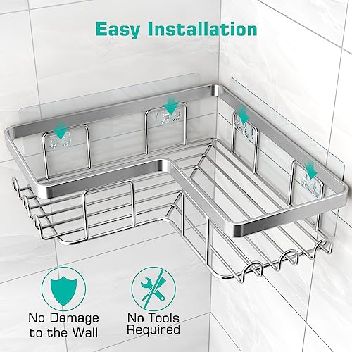 YASONIC Corner Shower Caddy, 3-Pack Adhesive Bathroom Caddy with Soap Holder and 12 Hooks, Rustproof Stainless Steel Shower Organizer, No Drilling Wall Mounted Shower Rack, Brushed Silver - Image 5