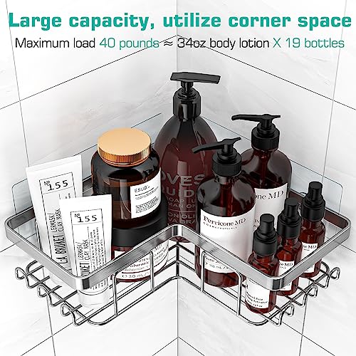 YASONIC Corner Shower Caddy, 3-Pack Adhesive Bathroom Caddy with Soap Holder and 12 Hooks, Rustproof Stainless Steel Shower Organizer, No Drilling Wall Mounted Shower Rack, Brushed Silver - Image 2