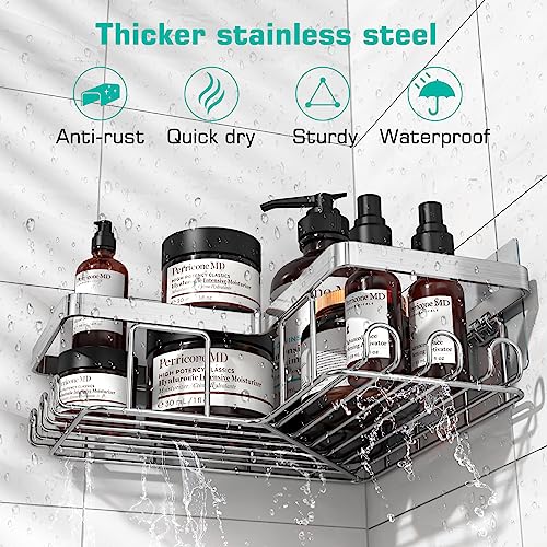 YASONIC Corner Shower Caddy, 3-Pack Adhesive Bathroom Caddy with Soap Holder and 12 Hooks, Rustproof Stainless Steel Shower Organizer, No Drilling Wall Mounted Shower Rack, Brushed Silver - Image 3
