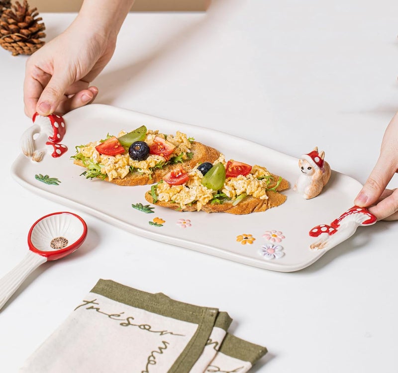 RESVUGA Mushroom Ceramic Tray, Rectangle 14 in Double Handle Dessert Appetizer Baking Dishes, Cute Steak Dinner Plates, Decorative Plate with Cute Squirrels. Novel Christmas Cutlery Gifts. - Image 2
