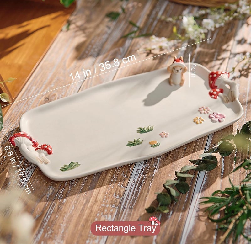 RESVUGA Mushroom Ceramic Tray, Rectangle 14 in Double Handle Dessert Appetizer Baking Dishes, Cute Steak Dinner Plates, Decorative Plate with Cute Squirrels. Novel Christmas Cutlery Gifts. - Image 3