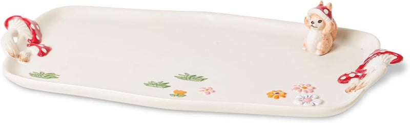 RESVUGA Mushroom Ceramic Tray, Rectangle 14 in Double Handle Dessert Appetizer Baking Dishes, Cute Steak Dinner Plates, Decorative Plate with Cute Squirrels. Novel Christmas Cutlery Gifts. - Image 1