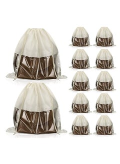 Generic 12 Pcs Dustproof Drawstring Bags, Dust Bags Covers, Non Woven Fabric Cloth Storage, Pouch String Dust Bags for Purse Handbags Packing Shoe Pouch Bag Organizer, PVC Clear Window Drawstring (Beige)  - Image 1