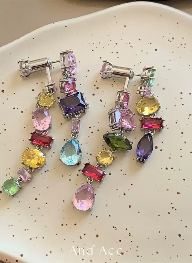Swaro Gema Drop Earrings, Asymmetrical Design, Mixed Cuts, Long, Multicolored - Image 4