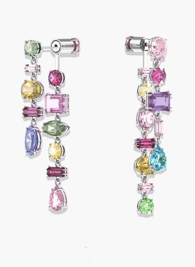 Swaro Gema Drop Earrings, Asymmetrical Design, Mixed Cuts, Long, Multicolored - Image 2
