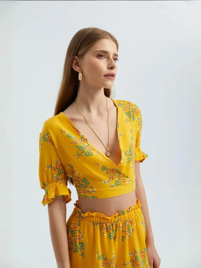 HICCUP Yellow Floral Surplice Neck Short Sleeve Crop Top for Women | Best Price UAE