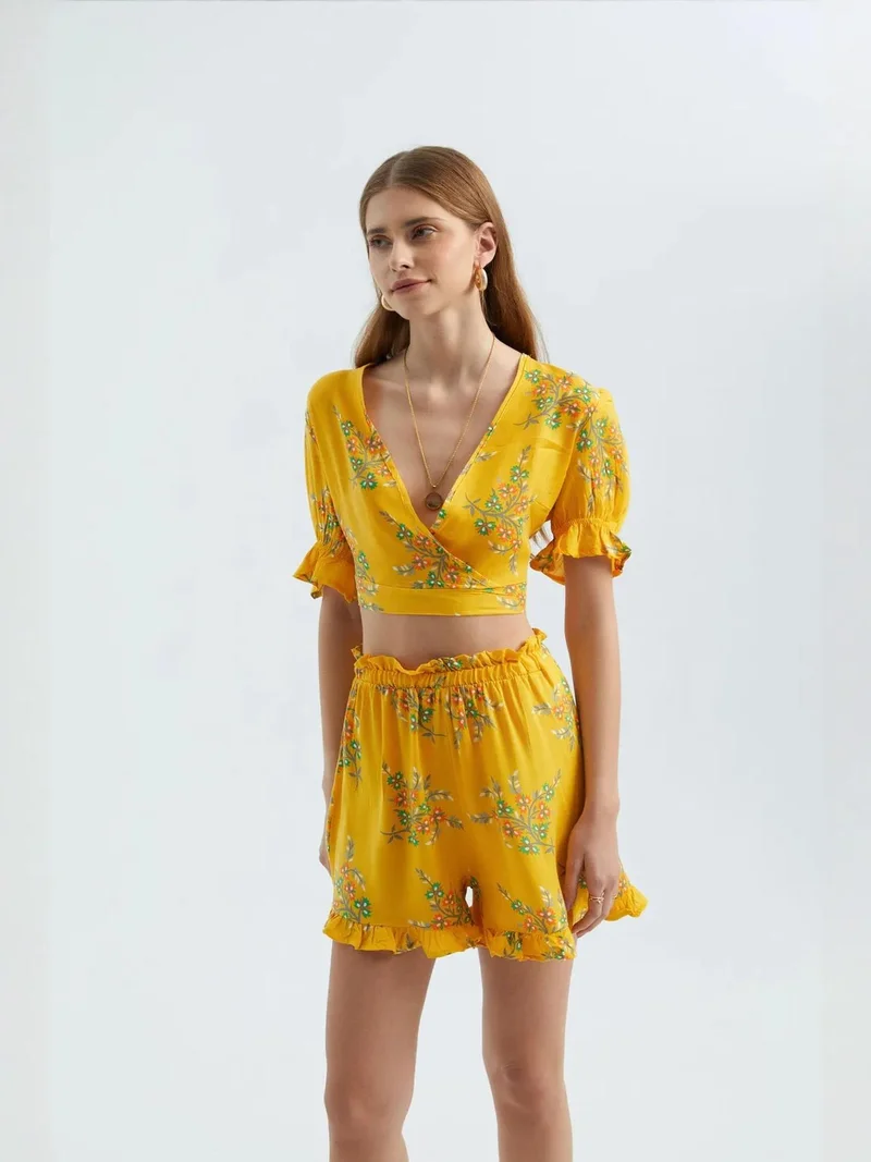 HICCUP Yellow Floral Surplice Neck Short Sleeve Crop Top for Women | Best Price UAE