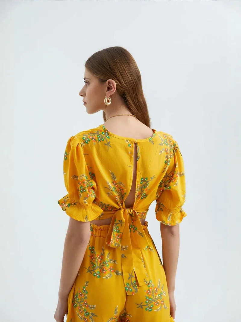 HICCUP Yellow Floral Surplice Neck Short Sleeve Crop Top for Women | Best Price UAE