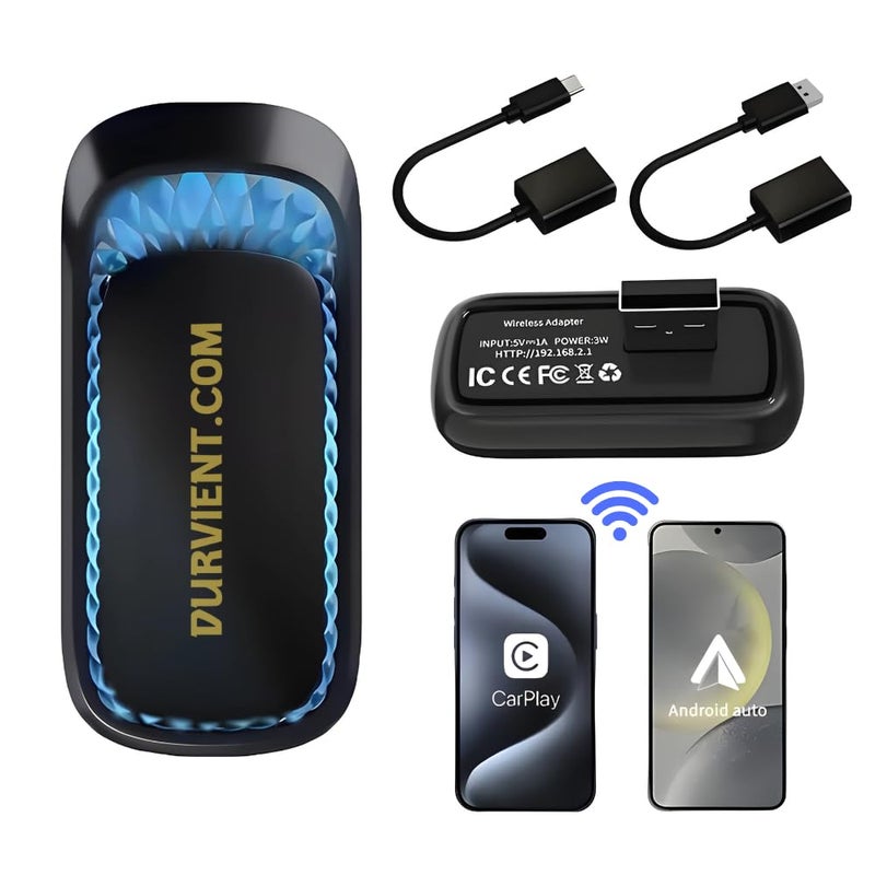 Durvient .com 2-in-1 Wireless CarPlay Android Auto Adapter, Concealed USB Dongle, Plug & Play - Image 3