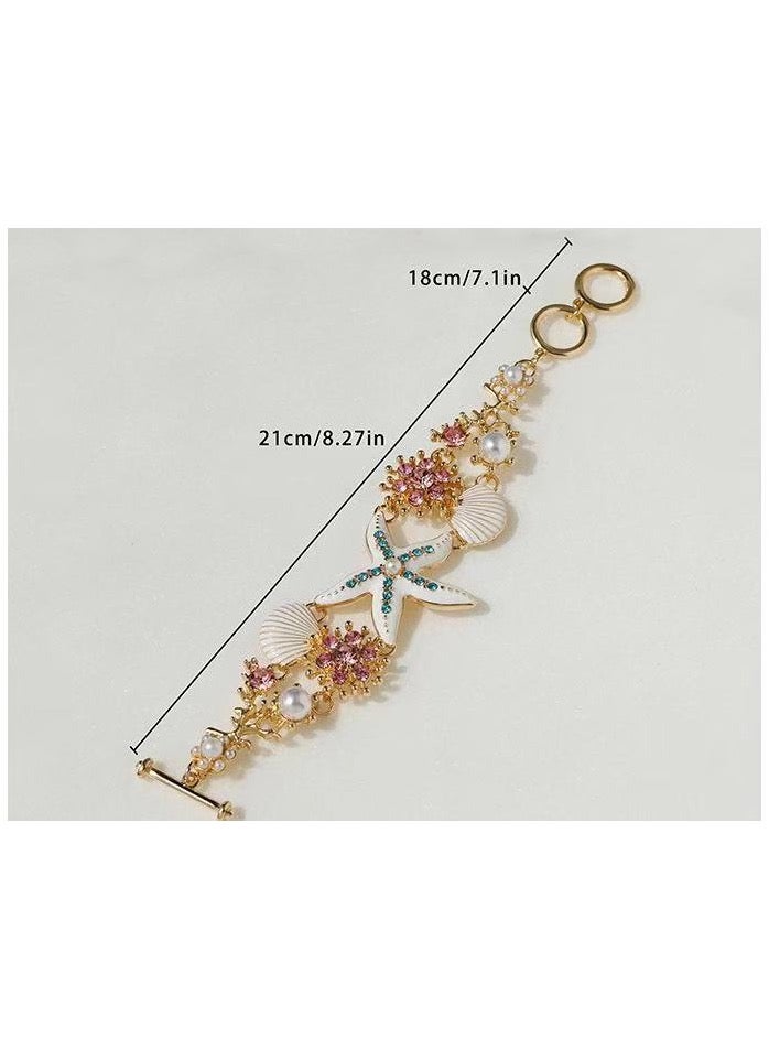 Sea Star Conch Shell Pearl Chain Beach Bracelet White  - Image 2