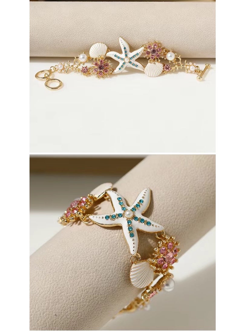Sea Star Conch Shell Pearl Chain Beach Bracelet White  - Image 3