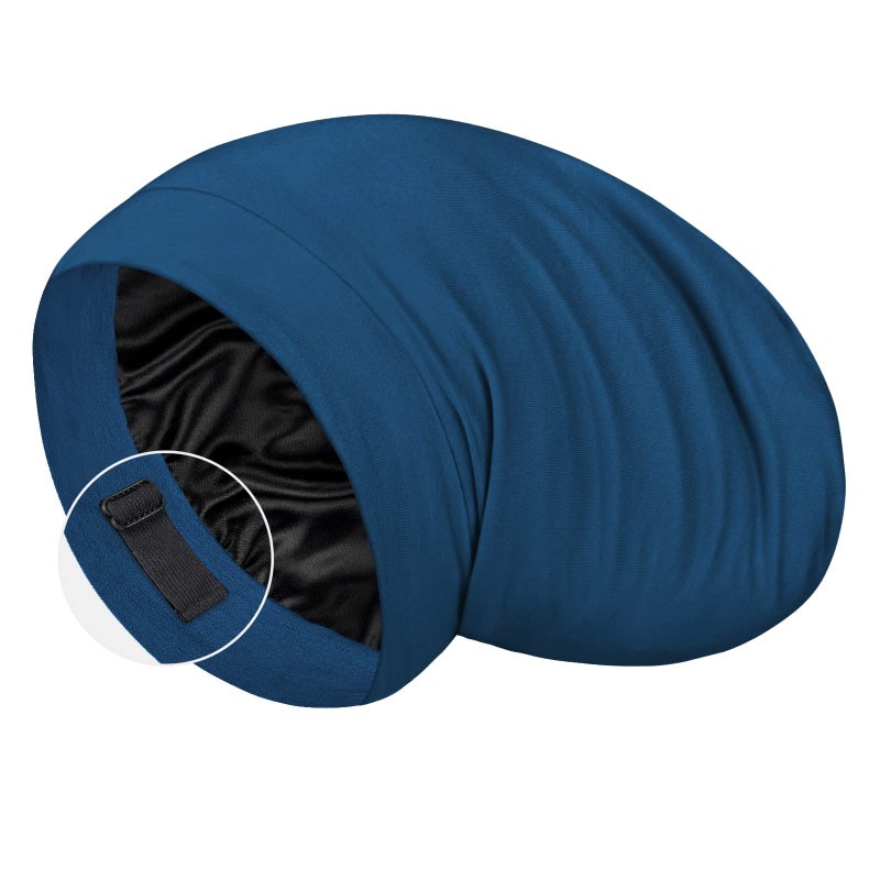 LULUSILK Mulberry Silk Lined Sleep Cap, No More Frizzy Tangled Hair, Stay On All Night Silk Hair Wrap for Sleeping with Adjustable Strap, Silk Bonnet for Women and Men, Bijou Blue, Pack of 1 - Image 1