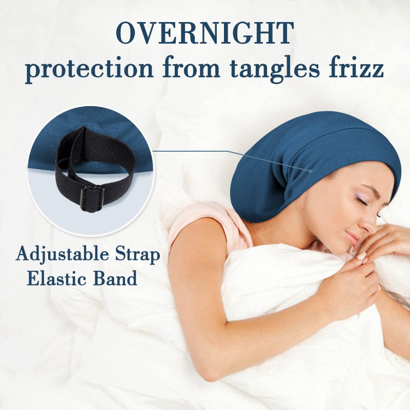 LULUSILK Mulberry Silk Lined Sleep Cap, No More Frizzy Tangled Hair, Stay On All Night Silk Hair Wrap for Sleeping with Adjustable Strap, Silk Bonnet for Women and Men, Bijou Blue, Pack of 1 - Image 4