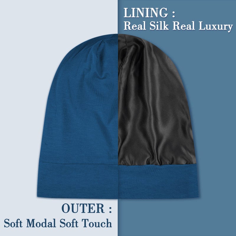 LULUSILK Mulberry Silk Lined Sleep Cap, No More Frizzy Tangled Hair, Stay On All Night Silk Hair Wrap for Sleeping with Adjustable Strap, Silk Bonnet for Women and Men, Bijou Blue, Pack of 1 - Image 2