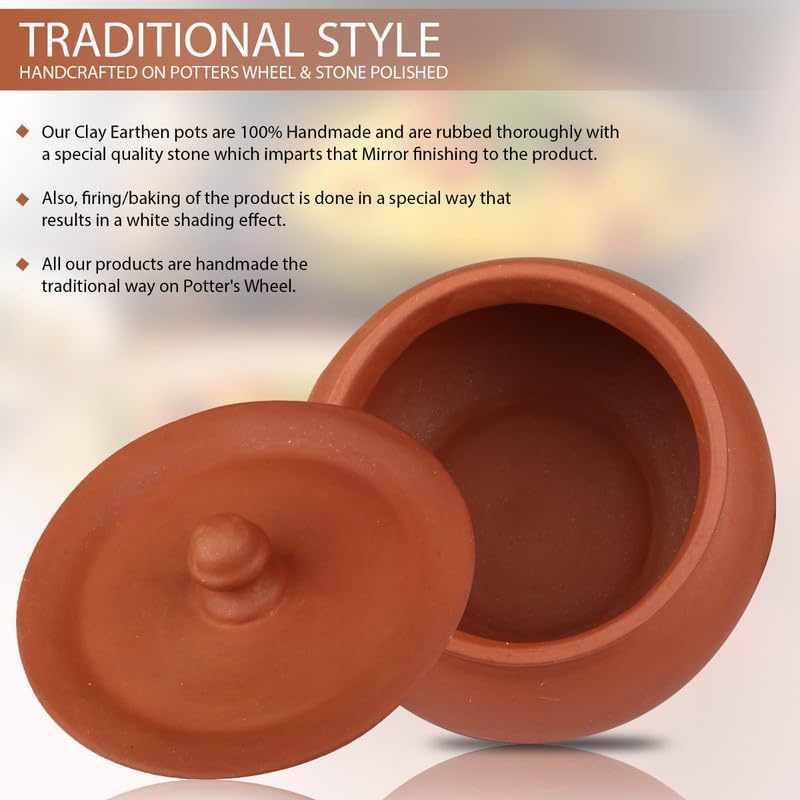 Bhanvi 1000ml Unpolished Clay Curd Pot Handi | Dahi Handi | Serving Bowl | Mud/Mitti/Terracotta Handi | Handmade Yogurt Handi with Lid | 1000 ml Large Handi for Kitchen with Lid (Mathani, 1000 ml) - Image 4